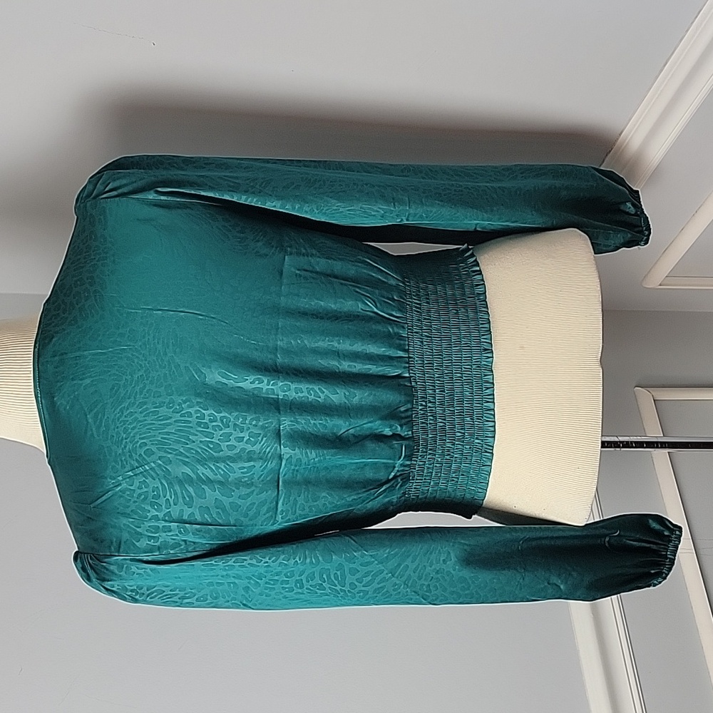 RACHEL ZOE Emerald Green‎ Leopard Jacquard Print V-Neck Party Holiday Blouse XS - Picture 3 of 9